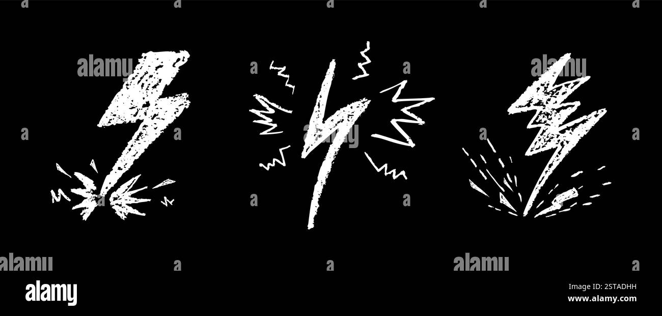 Ensemble de foudre par dessin de stylo de cire. Collection de craie de dessin à la main , panneaux éclair lumineux, boulons de tonnerre Doodle, éléments de conception de couleur blanche. Graffiti Illustration de Vecteur