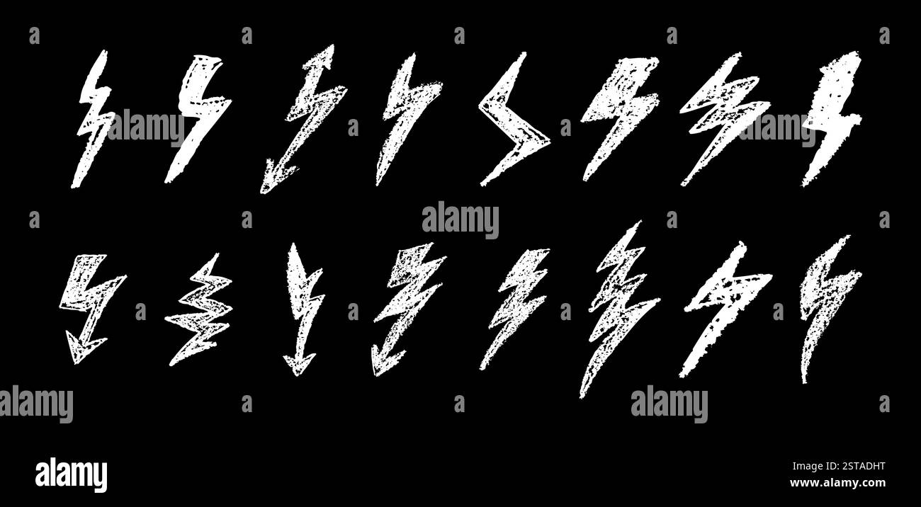 Ensemble de foudre par dessin de stylo de cire. Collection de craie de dessin à la main , panneaux éclair lumineux, boulons de tonnerre Doodle, éléments de conception de couleur blanche. Graffiti Illustration de Vecteur