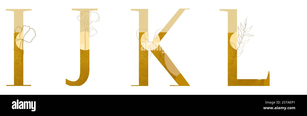 Lettres de l'alphabet doré I J K l avec décoration d'art de ligne florale complexe. Banque D'Images