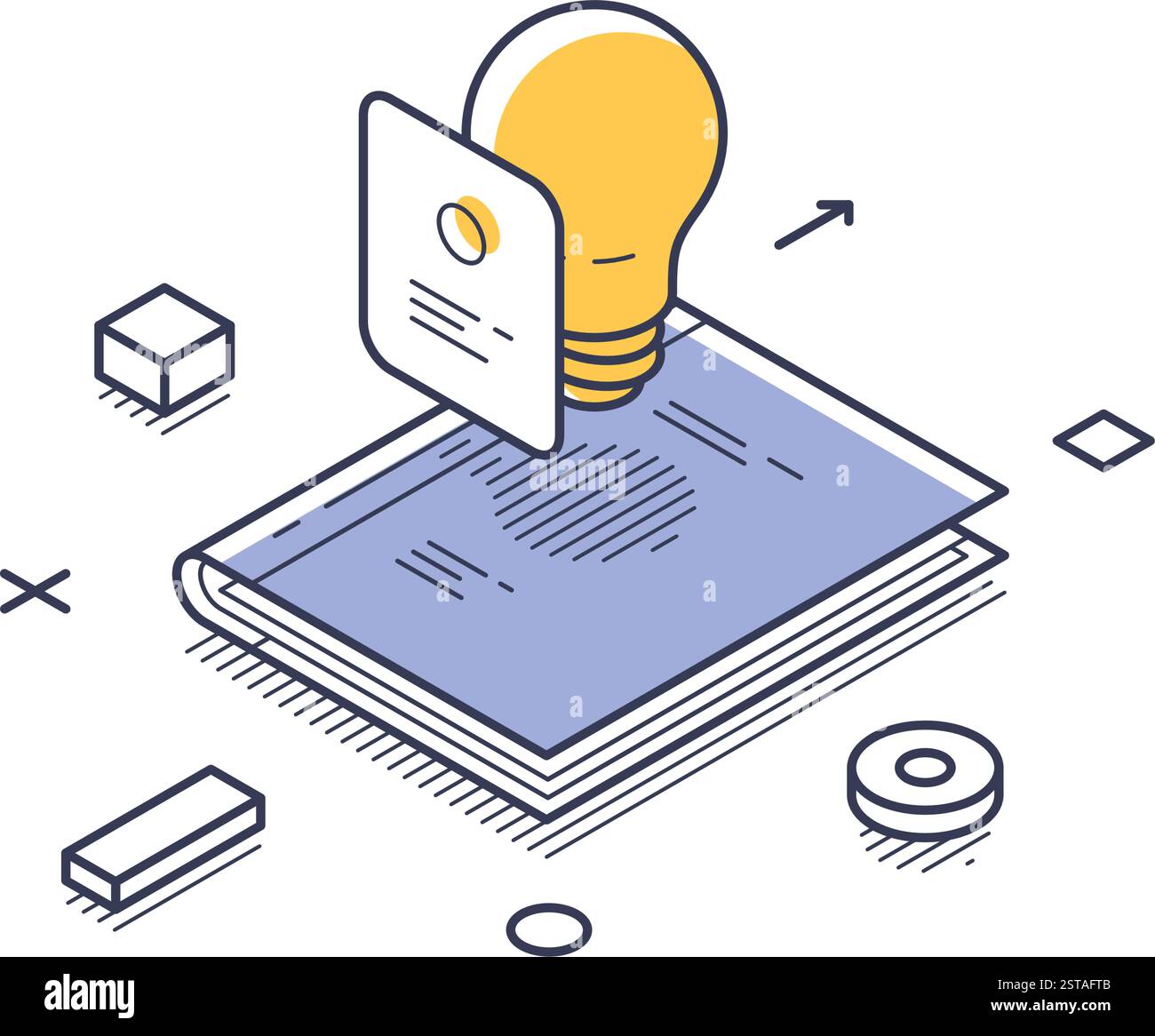 Concept de solution d'affaires avec un livre ouvert avec une ampoule planant au-dessus. Illustration vectorielle isométrique moderne d'art au trait Illustration de Vecteur