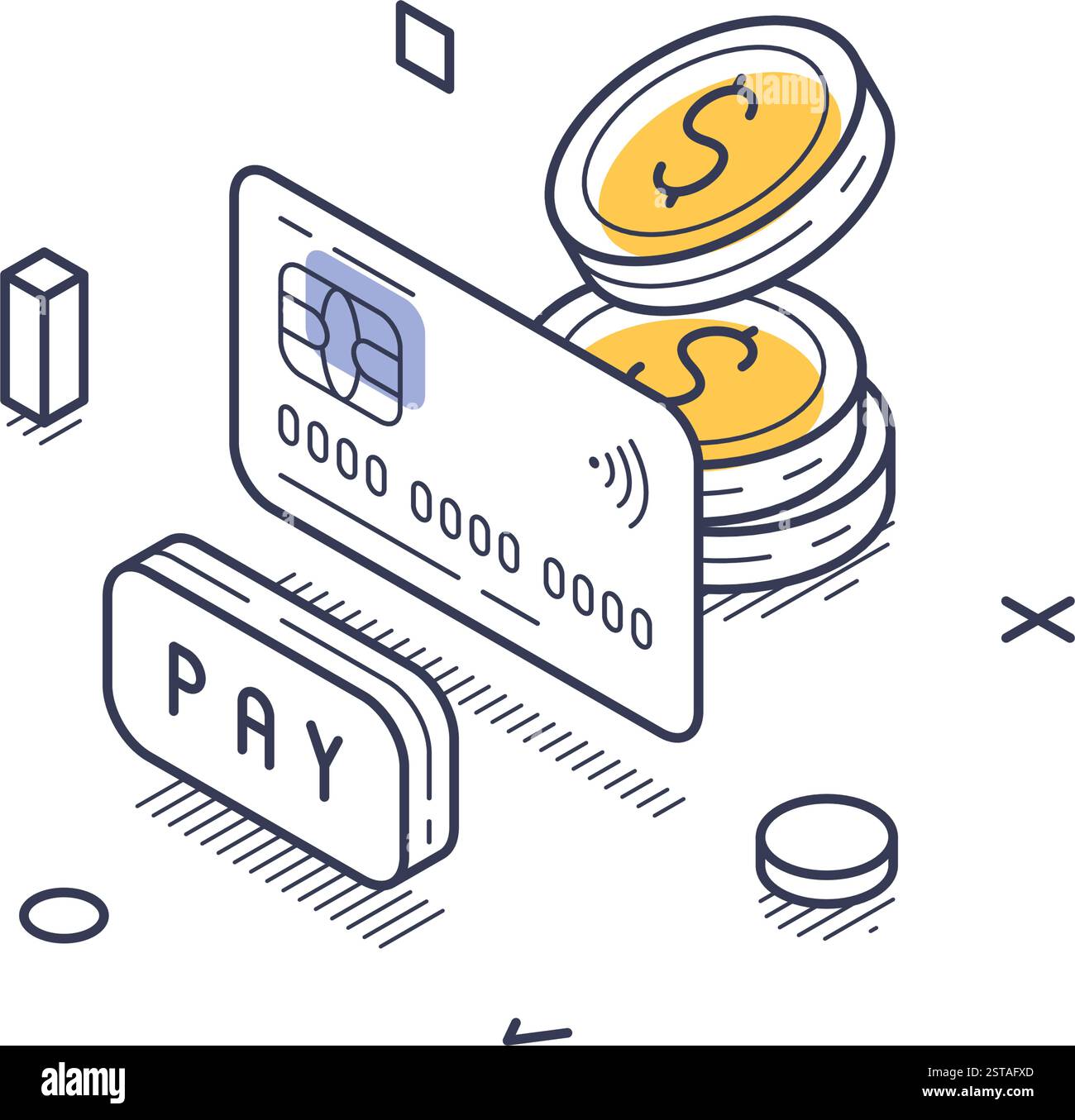 Concept de paiement en ligne avec un dessin de trait isométrique. Il comprend une carte de crédit, des pièces de monnaie et un bouton de paiement mettant en évidence le processus de digi Illustration de Vecteur