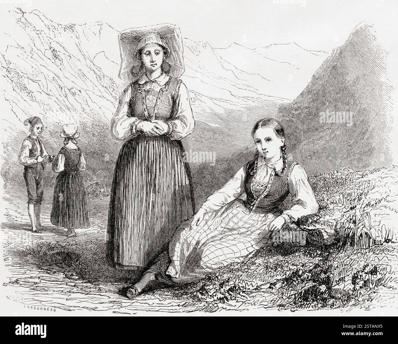 Robe typique des filles et des femmes à Hardanger, Norvège, 19ème siècle. Tiré du Tour du monde, publié en 1861. Banque D'Images