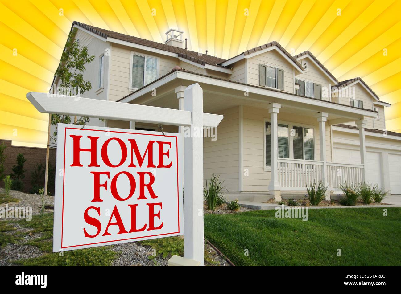 Maison à vendre signe avec fond jaune Star-Burst. Banque D'Images
