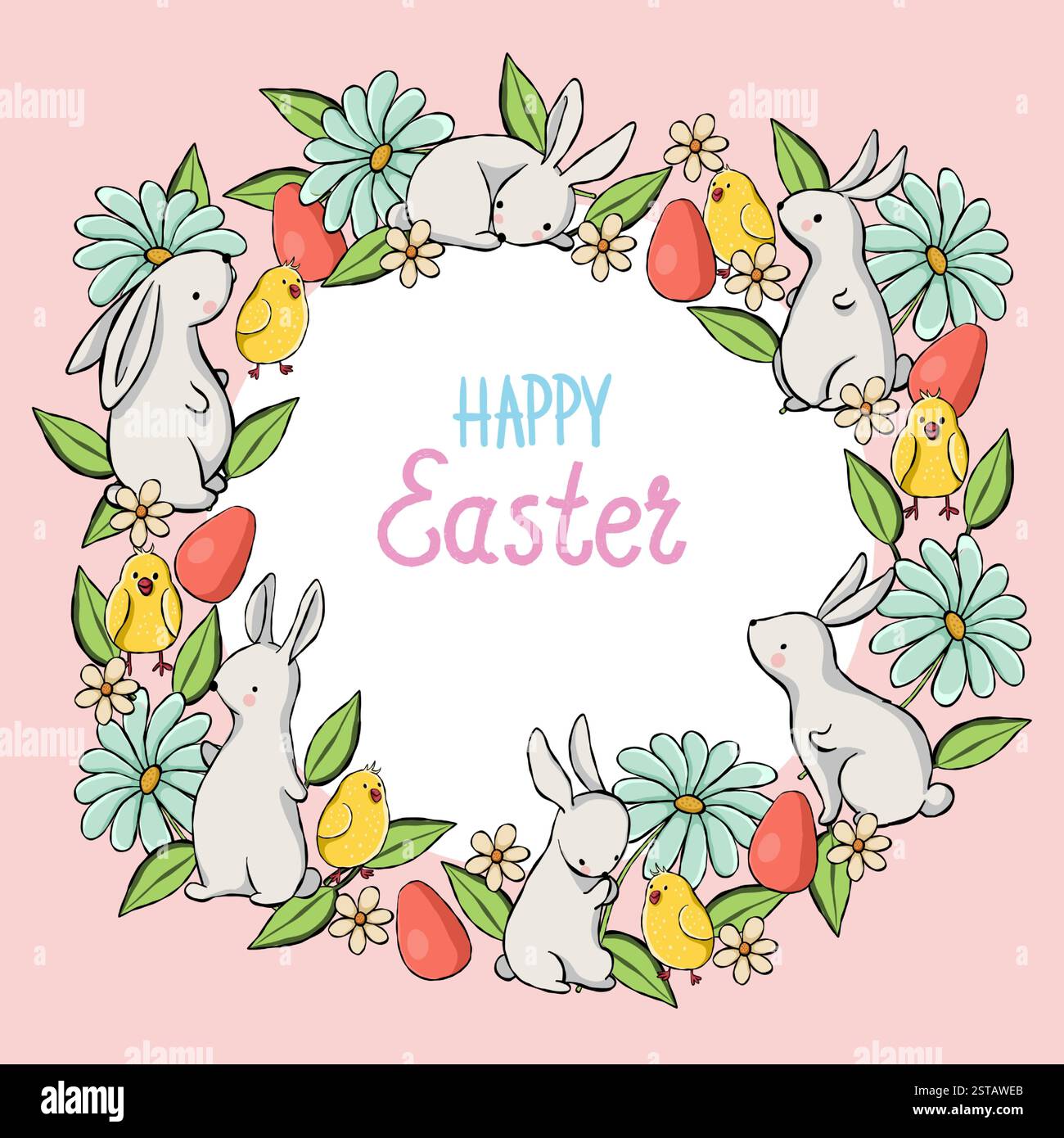 Carte postale avec une composition ronde de Pâques de lapins, de poussins et d'œufs sur un fond rose. Illustration vectorielle Illustration de Vecteur