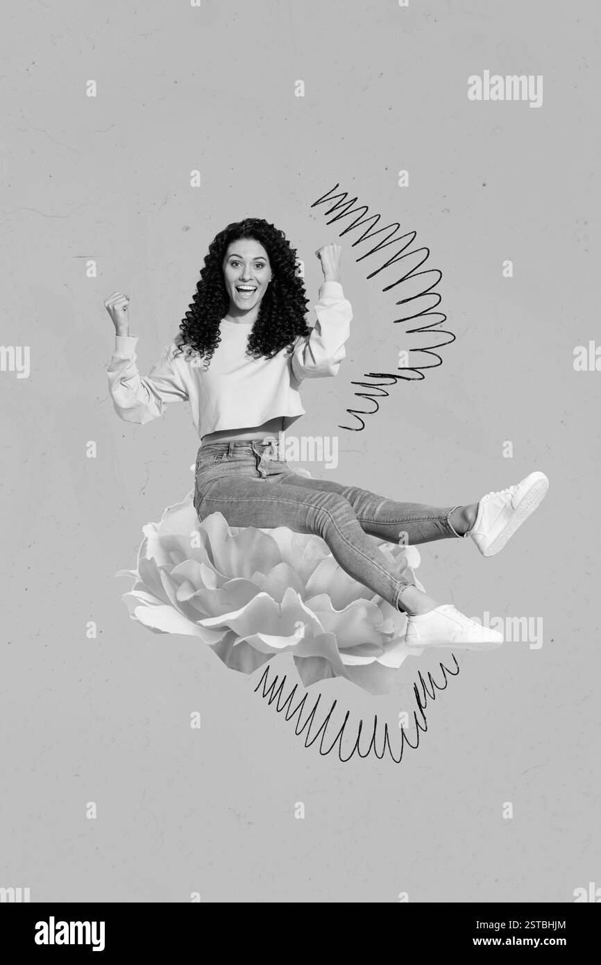 Montage vertical photo art belle jeune fille lève les poings vers le haut curly chevelure cheveux pms saine gynécologie isolée sur fond rose couleur Banque D'Images