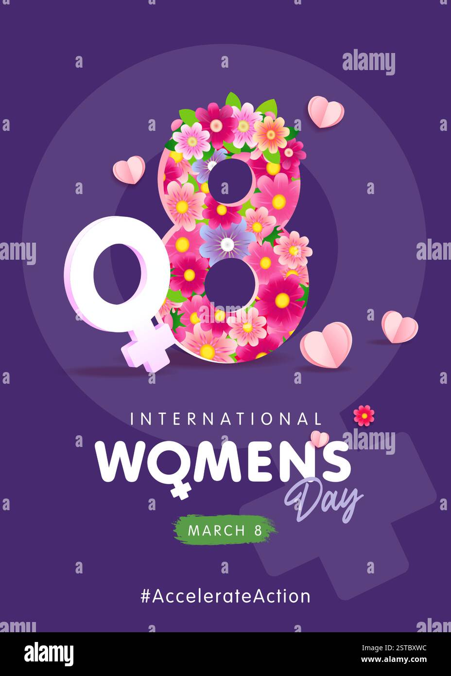 Journée internationale des femmes le 8 mars avec des fleurs et des coeurs en papier doux. Affiche créative Accelerate action avec numéro 8 et symbole féminin pour la Journée des femmes Illustration de Vecteur Journée internationale des femmes le 8 mars avec des fleurs et des coeurs en papier doux. Affiche créative Accelerate action avec numéro 8 et symbole féminin pour la Journée des femmes Illustration de Vecteur
