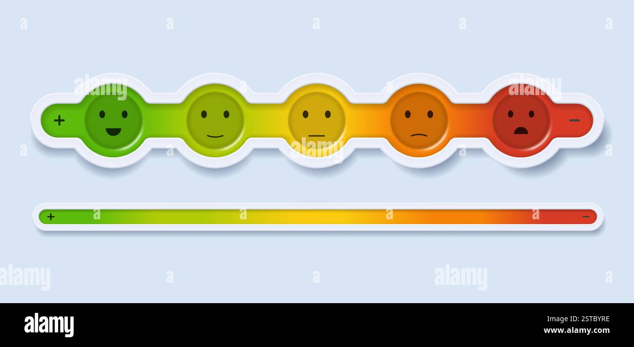 Échelle de rétroaction, note de satisfaction et concept d'émotion sous la forme de boutons ronds colorés émotionnels dans un cadre. Illustration vectorielle 3D. Illustration de Vecteur