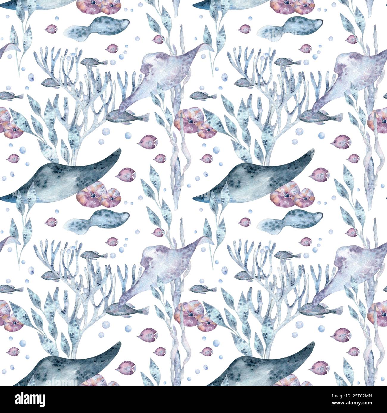Les animaux de la mer raie, les poissons nageant dans les algues marines et les coraux couleurs douces bleues pour fond de conception marine. Motif aquarelle Ocean Creatures sans couture Banque D'Images