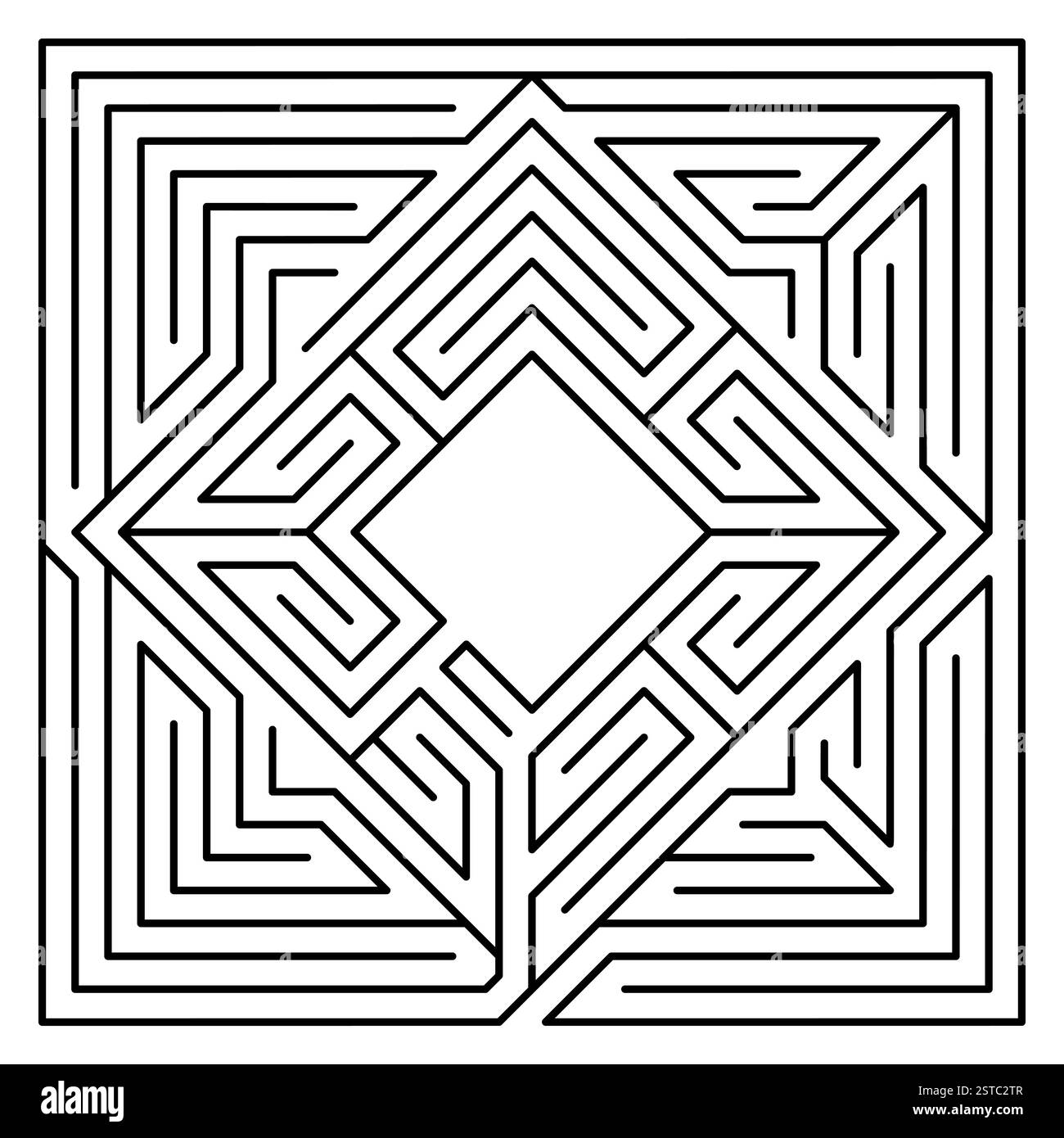 Labyrinthe carré contenant un 2ème labyrinthe en forme de diamant. Labyrinthe avec une collection de différents chemins vers le but au centre. Banque D'Images