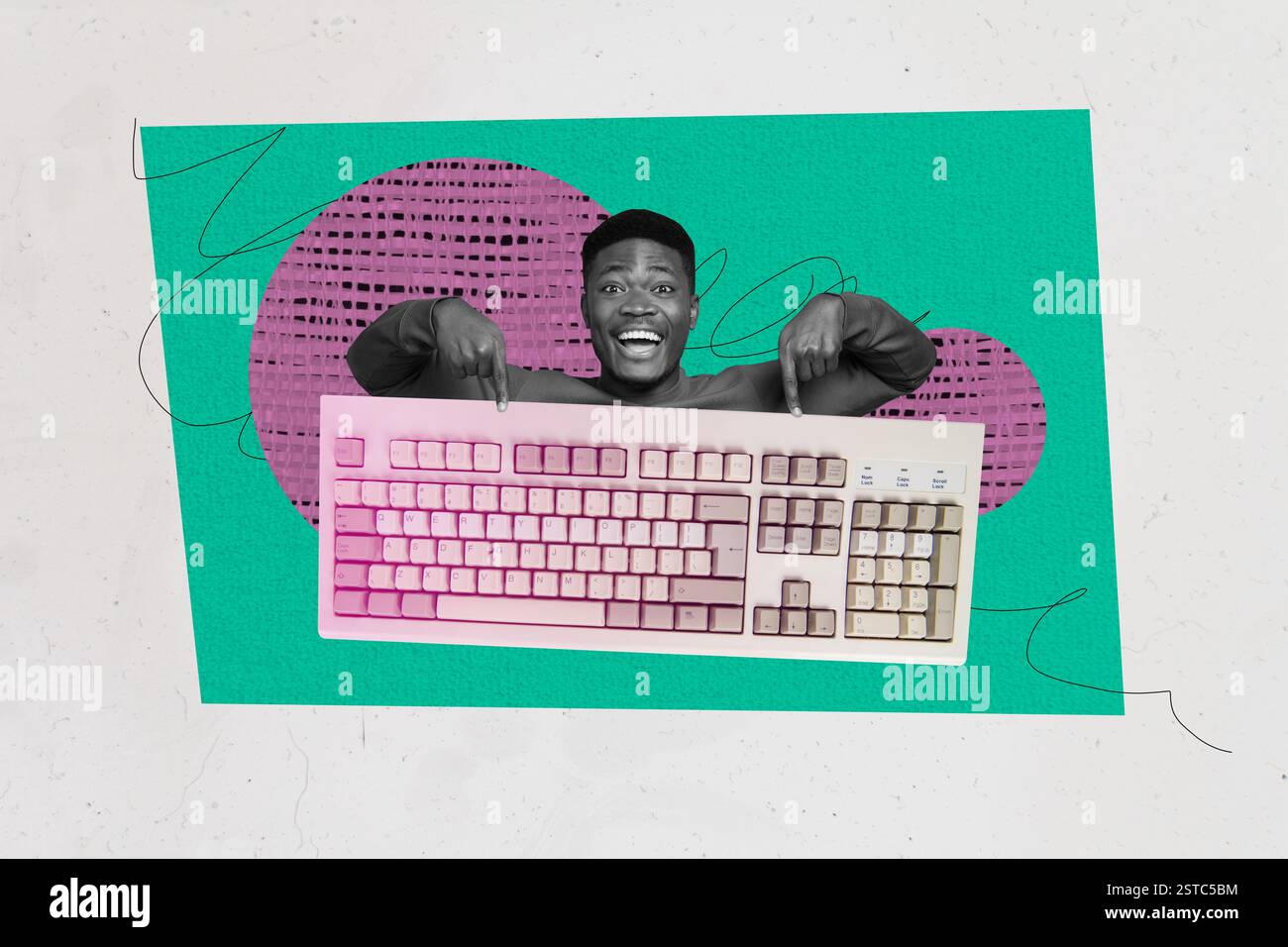 Collage d'image créative 3D d'art composite du dispositif sans fil de programmation d'outil électronique d'outil de clavier de point d'homme heureux américain Banque D'Images