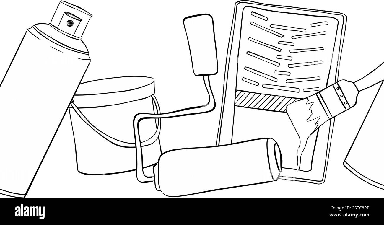 Seau de peinture versant, casque, aérosol, bordure sans couture de rouleau. Couleur d'illustration vectorielle de ligne graphique utilisée pour les créations artistiques Illustration de Vecteur