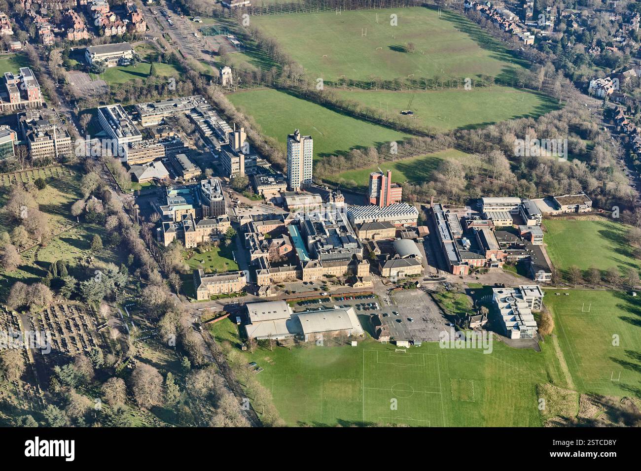 Une photographie aérienne d'une partie du campus de l'Université de Leicester, East Midlands, Angleterre, Royaume-Uni Banque D'Images