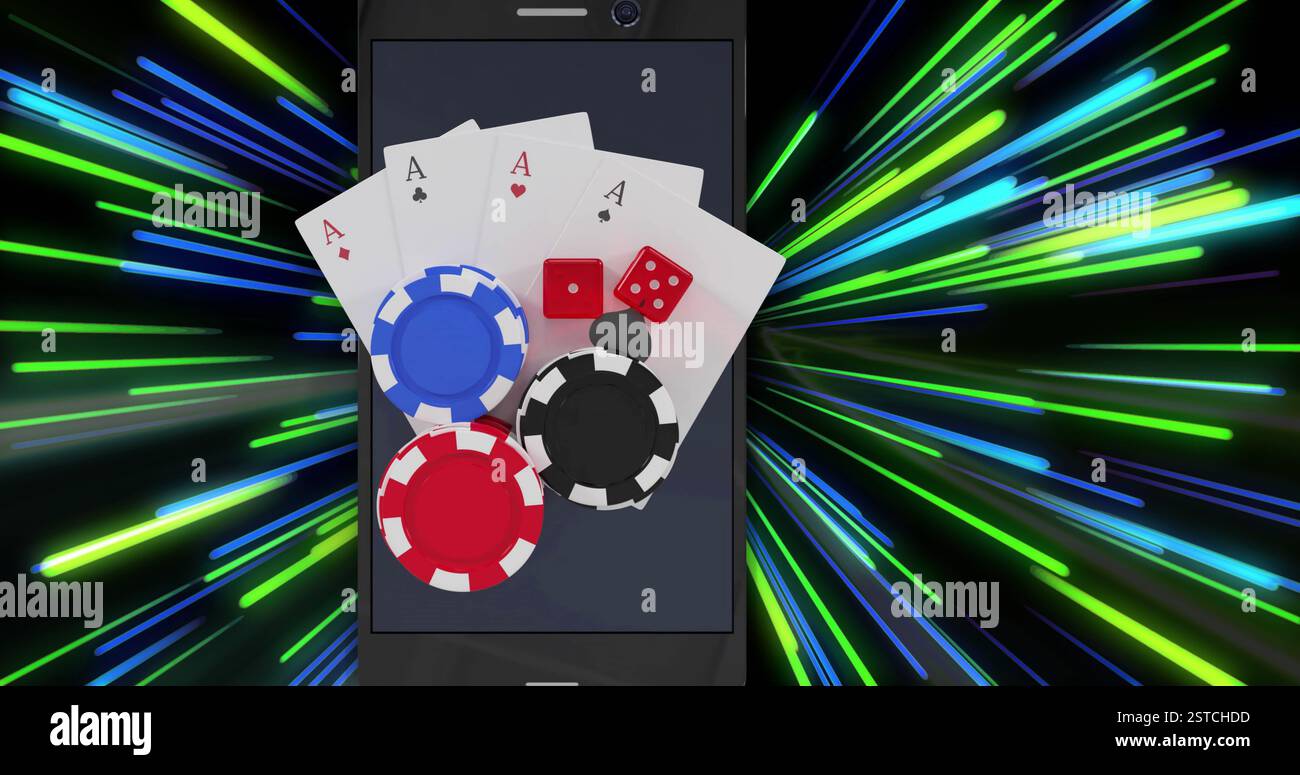 Jetons de poker, dés et cartes à jouer image sur smartphone avec des stries colorées fond Banque D'Images