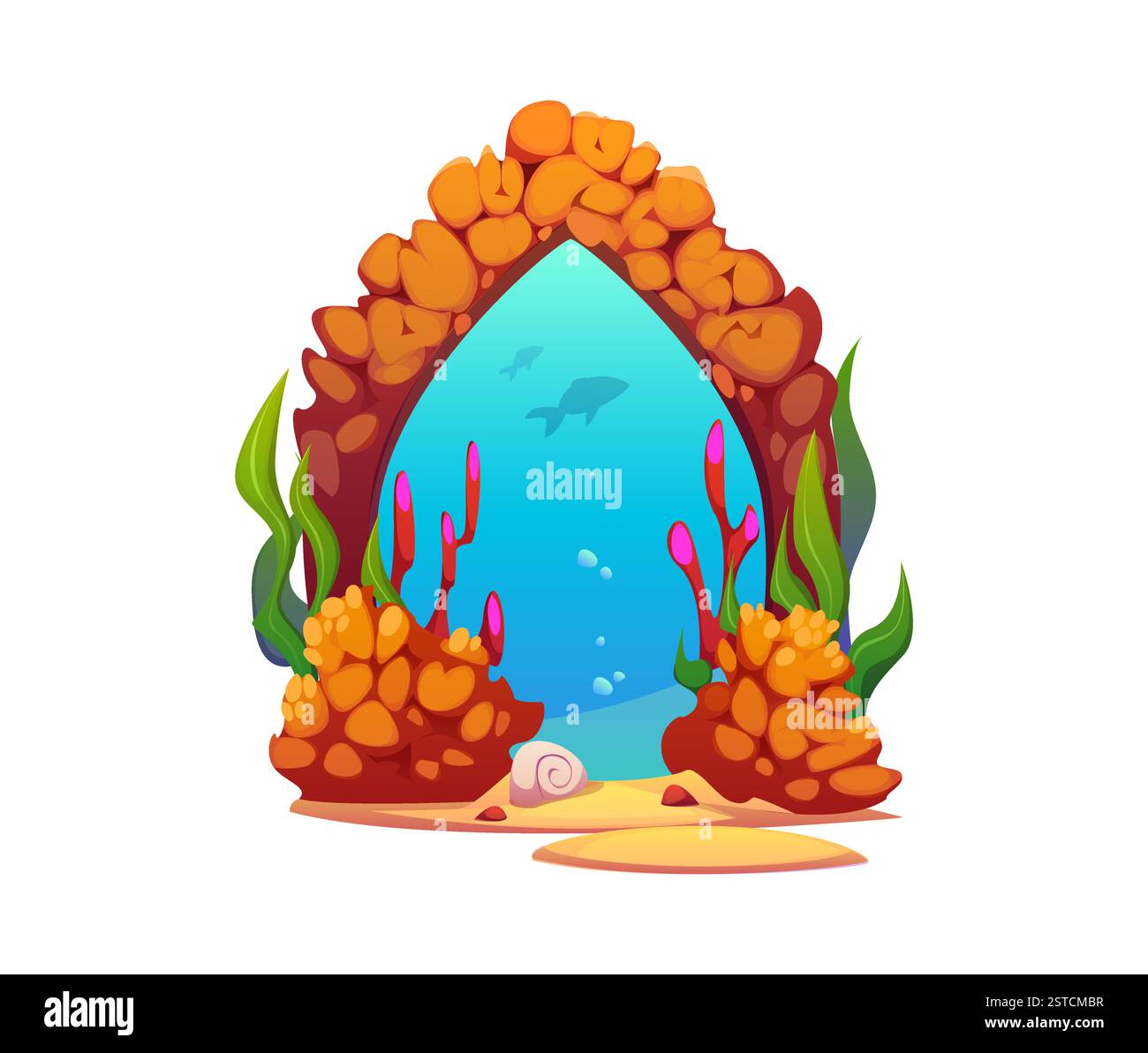 Portail sous-marin ou pierre magique avec porte de porte à la mer, élément de jeu vectoriel. Portail de dessin animé au monde sous-marin de l'arc de pierre dans la grotte rocheuse avec des poissons a Illustration de Vecteur