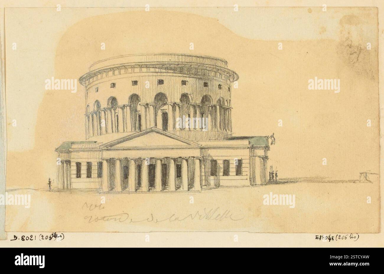 Vue sur la Rotonde de la Villette, avec huit piliers doriques avec entablature et fronton triangulaire abaissé. Au-dessus, une rotonde avec une galerie formée par des arcs semi-circulaires soutenus par des colonnes doriques jumelles, offrant une vue architecturale classique. Banque D'Images