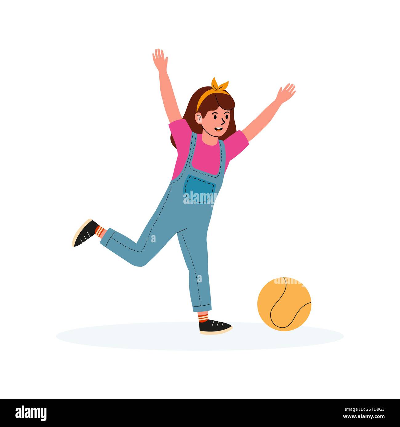 Enfant jouant joyeusement au football à l'intérieur avec une balle jaune dans un cadre lumineux et joyeux Illustration de Vecteur