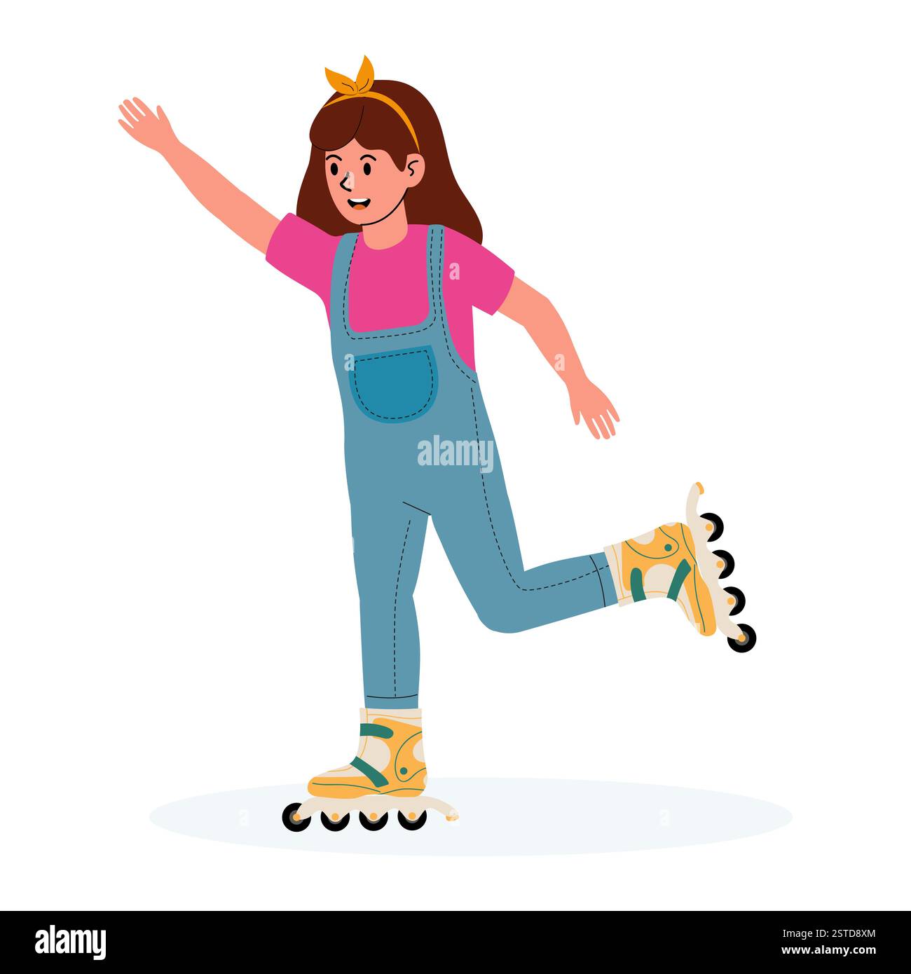 Fille roller patinage dans la tenue joyeuse sur la surface lisse pendant la journée ensoleillée Illustration de Vecteur