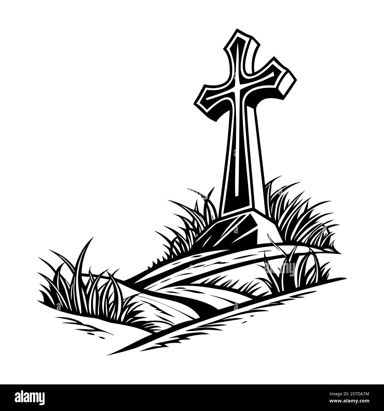 Icône de croix chrétienne. Icône simple d'une croix celtique debout sur une colline avec de l'herbe et des rochers. Illustration de Vecteur