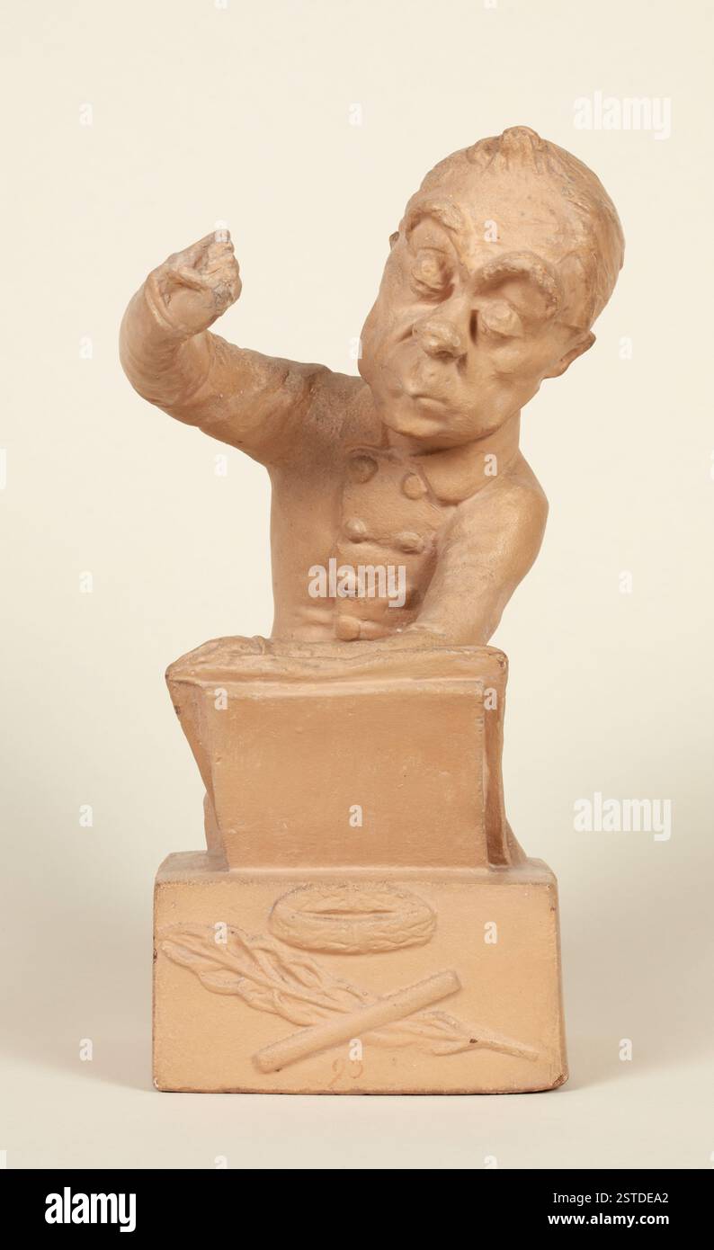 Une caricature de Philippe Musard, assis à son bureau et dirigeant un quadrille lors d'un bal d'opéra avec une baguette à la main. L'image comprend une couronne et un stylo pour souligner son rôle dans l'événement. Banque D'Images