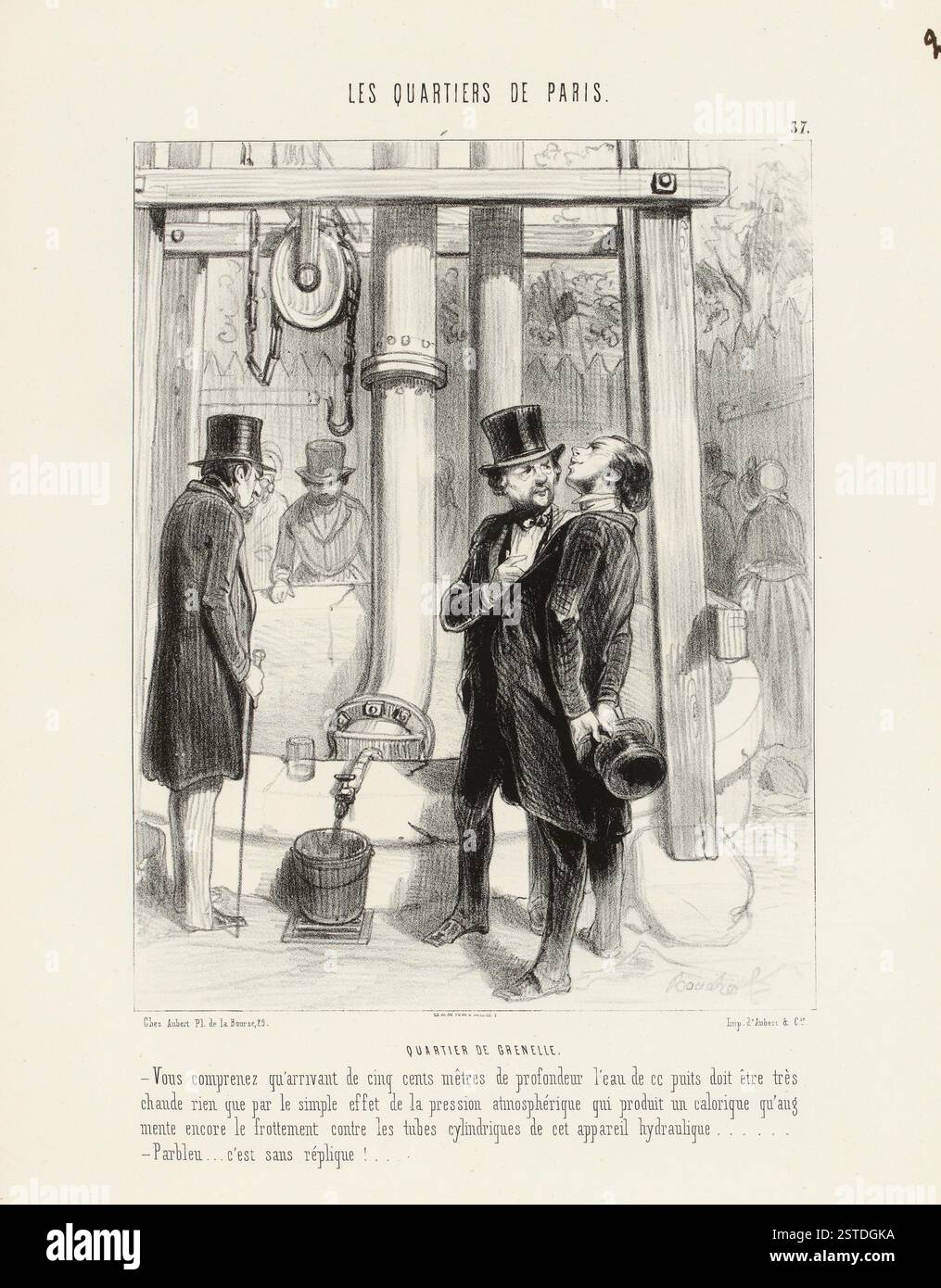 Deux hommes s’engagent dans la conversation devant une grosse pompe, mettant en évidence leur interaction et le contexte industriel ou mécanique au premier plan. Banque D'Images