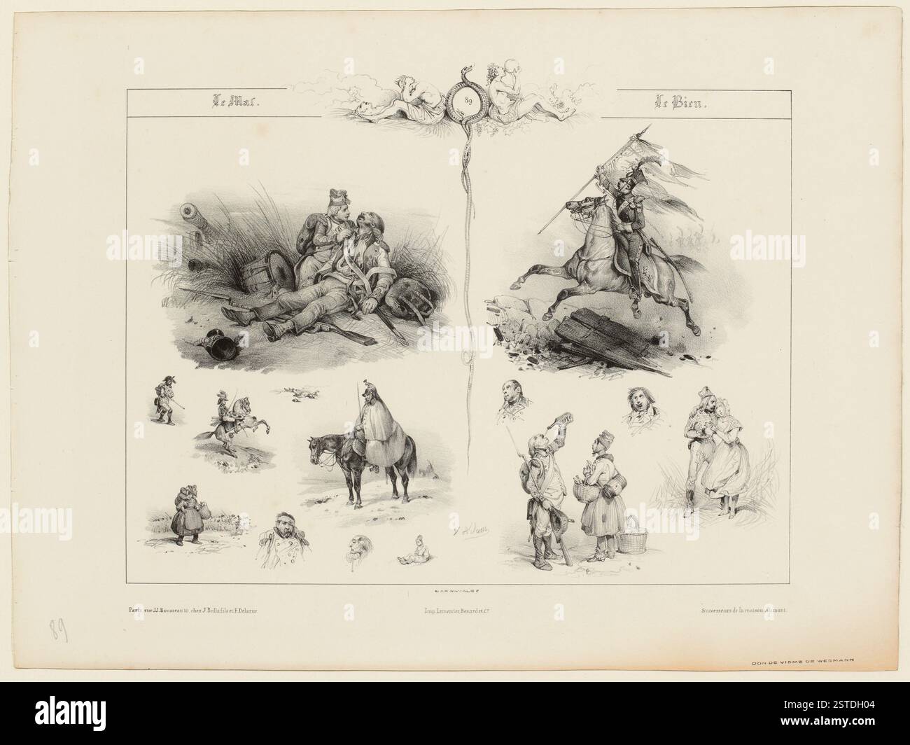 À gauche, un soldat mourant soutenu par un autre sur un champ de bataille, avec des vignettes de soldats à cheval et un homme mort ; à droite, un porte-étendard à cheval avec des vignettes de cantine et d'amants. Au sommet, un médaillon avec un serpent et un démon. Banque D'Images