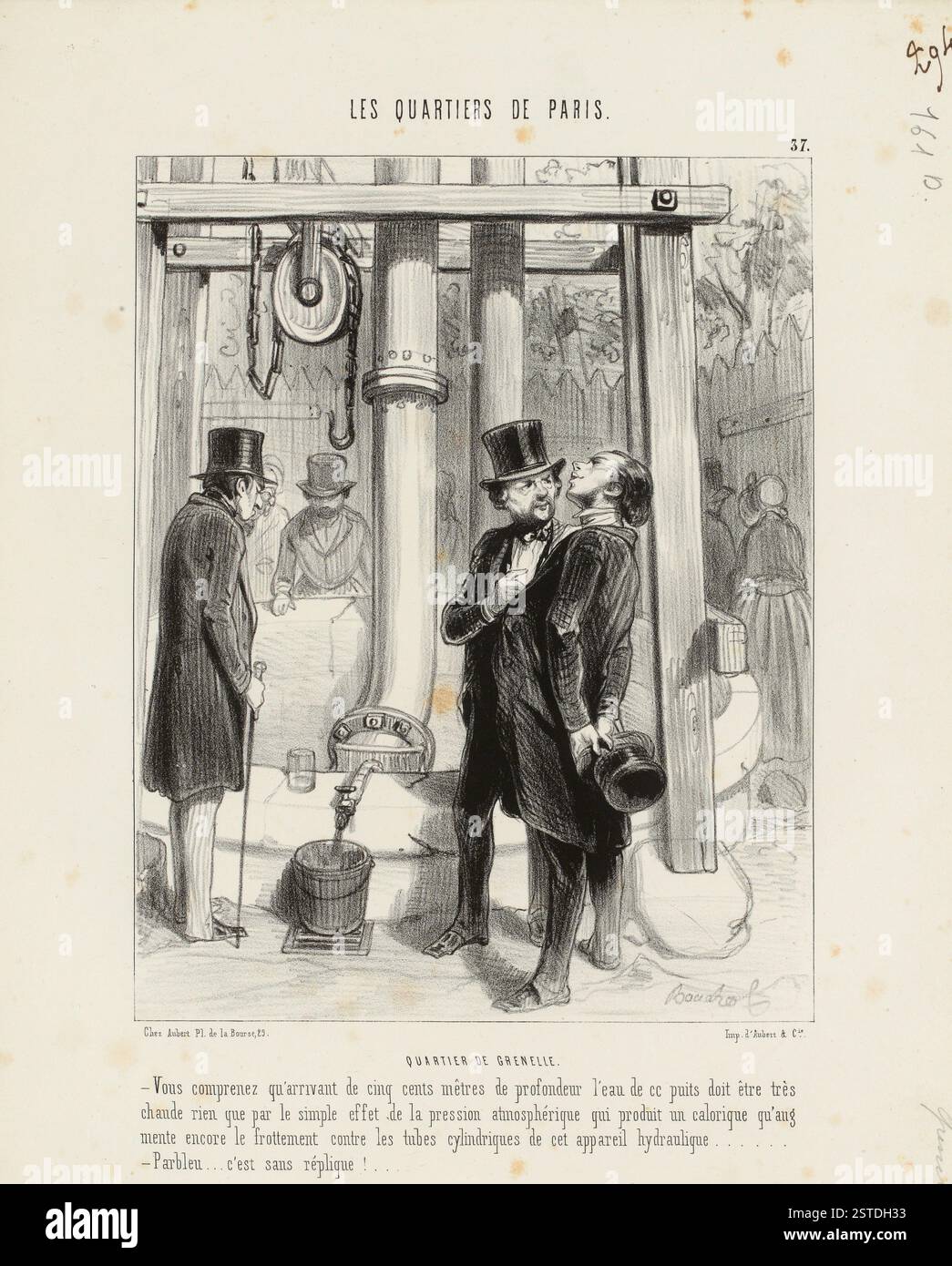 Deux hommes élégants s’engagent dans la conversation devant une grande pompe industrielle, mêlant sophistication et cadre mécanique dans un contexte urbain. Banque D'Images