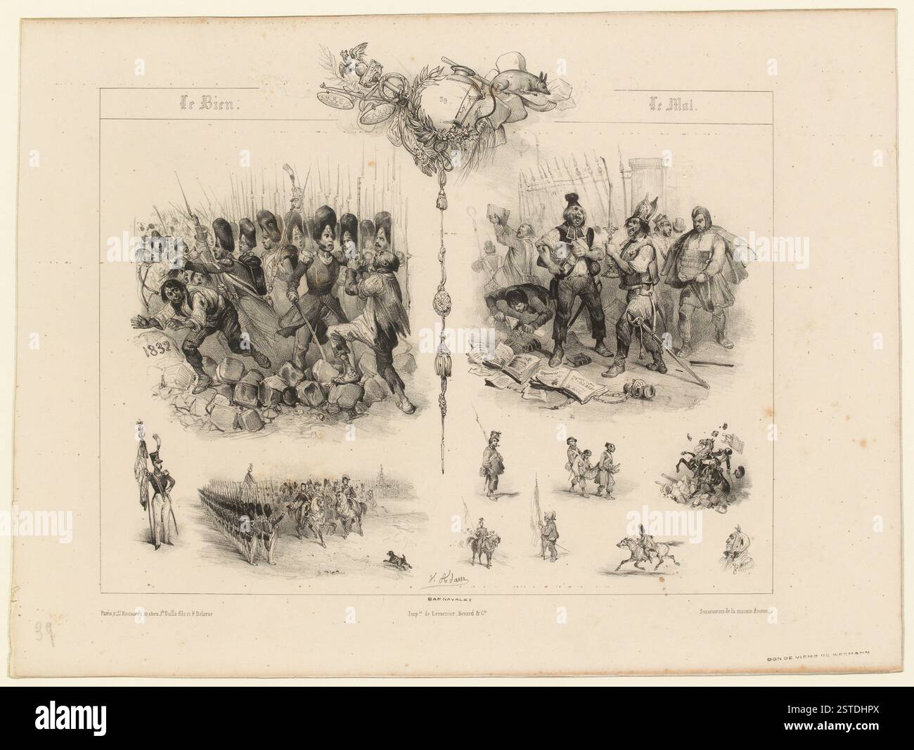 Sur la gauche, la répression militaire de la population avec une pierre marquée '1832', entourée d'une vignette montrant une revue de troupes. A droite, des hommes pillent des objets liturgiques et brûlent des livres. Ci-dessous, des vignettes de cavaliers et d'hommes blessés. Le médaillon central présente une balance, des pavés de Paris, un bar de mine et un rat. Banque D'Images