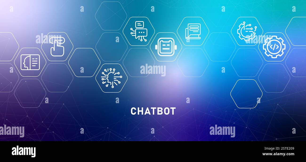Chatbot gradient header données numériques technologie intelligente système robotique communication BOT interaction développement assistant base de données de programme machine Illustration de Vecteur
