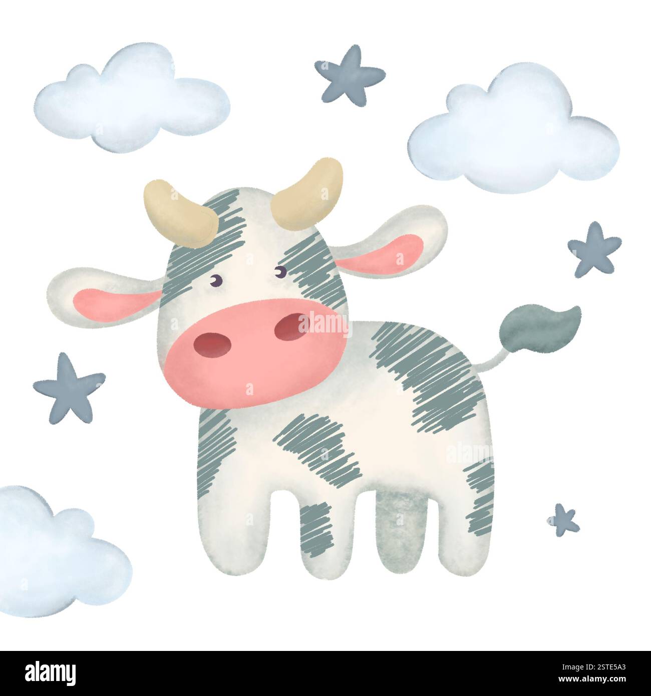 Dessin animé mignon bébé vache debout parmi les nuages et les étoiles illustration Banque D'Images