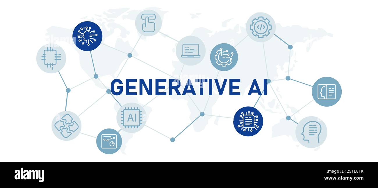 Jeu d'icônes ai générative avec illustration technologie de machine d'intelligence artificielle Thoughts base de données de traitement d'algorithme d'analyse de programmation Illustration de Vecteur
