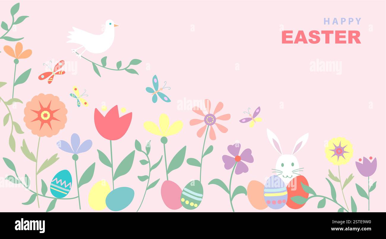Bannière de joyeuses Pâques, design plat dessiné à la main avec des fleurs, des œufs, une colombe de paix et des lapins, dans un style de couleurs pastel. Illustration vectorielle sur rose Illustration de Vecteur