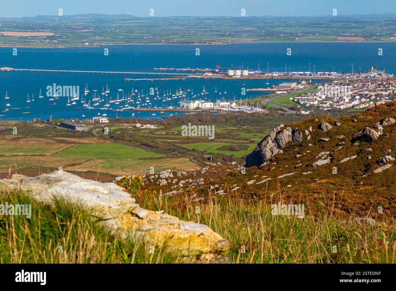 Le littoral et les rochers escarpés regardant vers le bas avec le brise-lames Holyhead visible en arrière-plan sur la côte nord d'Anglesey dans le nord du pays de Galles au Royaume-Uni Banque D'Images