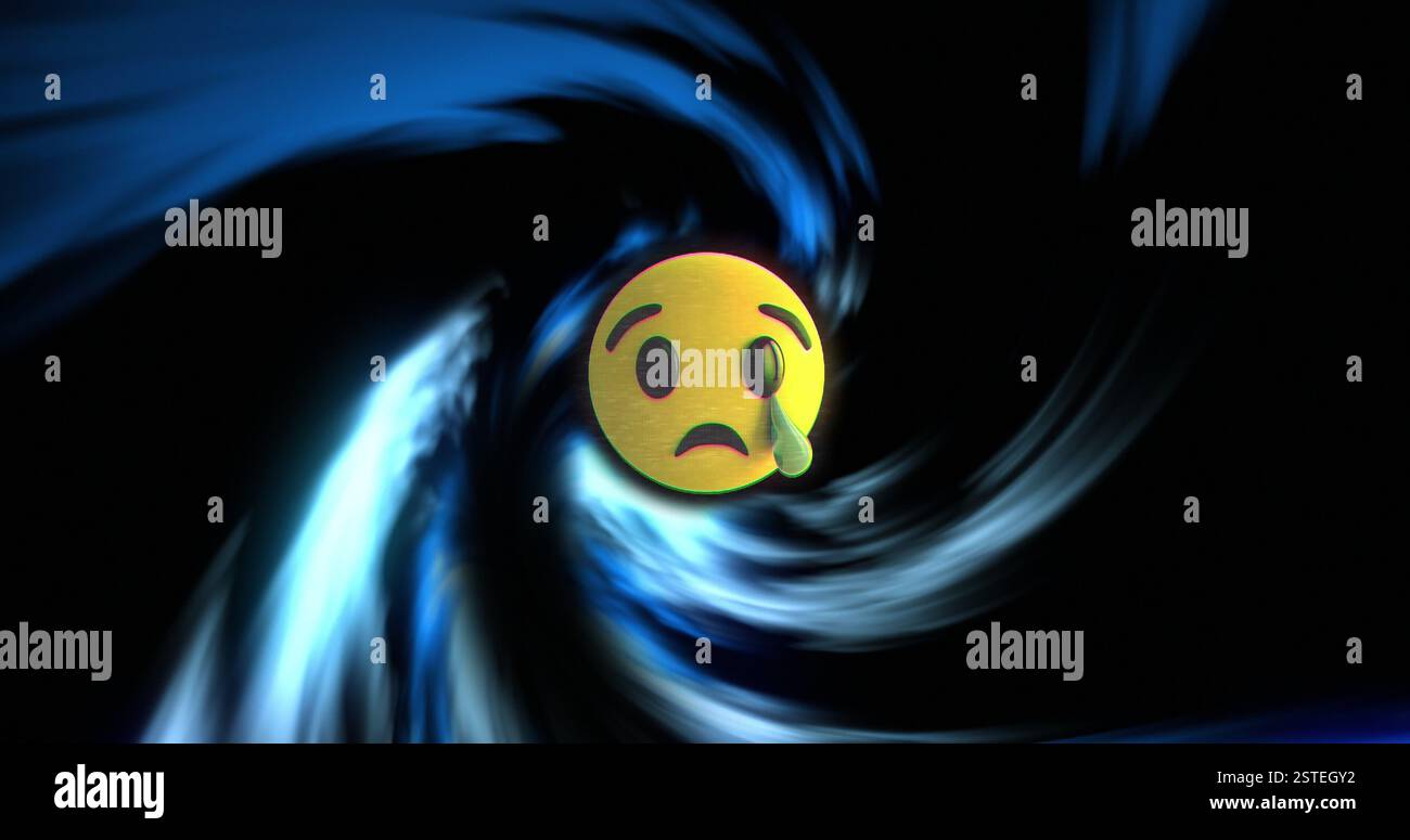 Emoji de visage triste avec déchirure sur l'image de fond bleu et noir tourbillonnant Banque D'Images