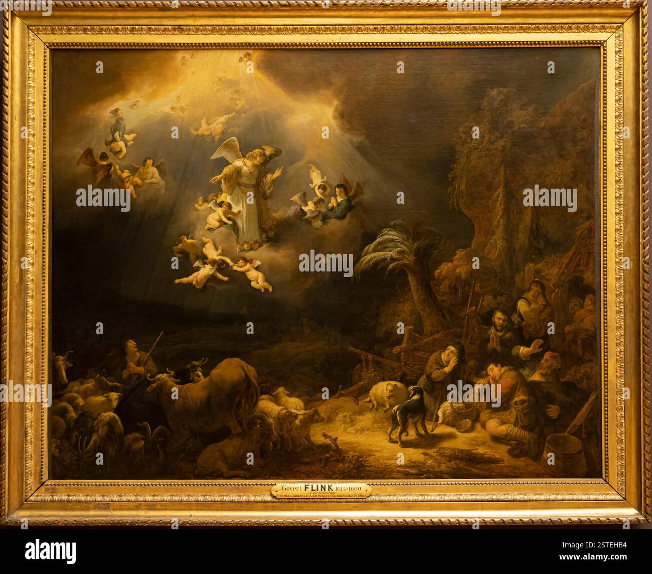 Musée du Louvre. Un ange annonçant la naissance du Christ aux bergers peints par Govert Flinck Banque D'Images