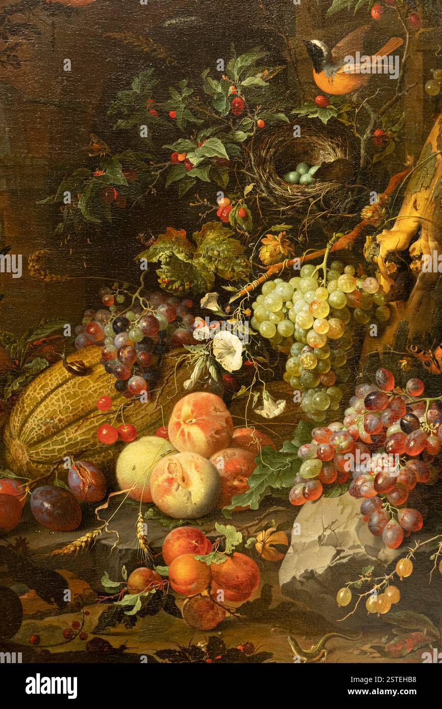 Musée du Louvre. Fleurs, fruits, oiseaux et insectes sur fond de ruines, avec une souris entrant dans un nid peint par Abraham Mignon Banque D'Images