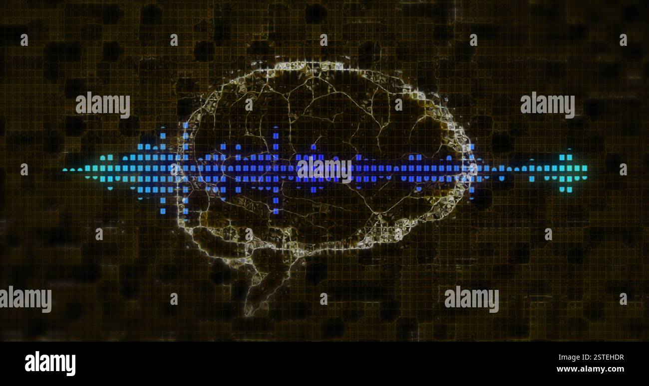 Image numérique du cerveau et de l'onde sonore sur fond de grille sombre Banque D'Images