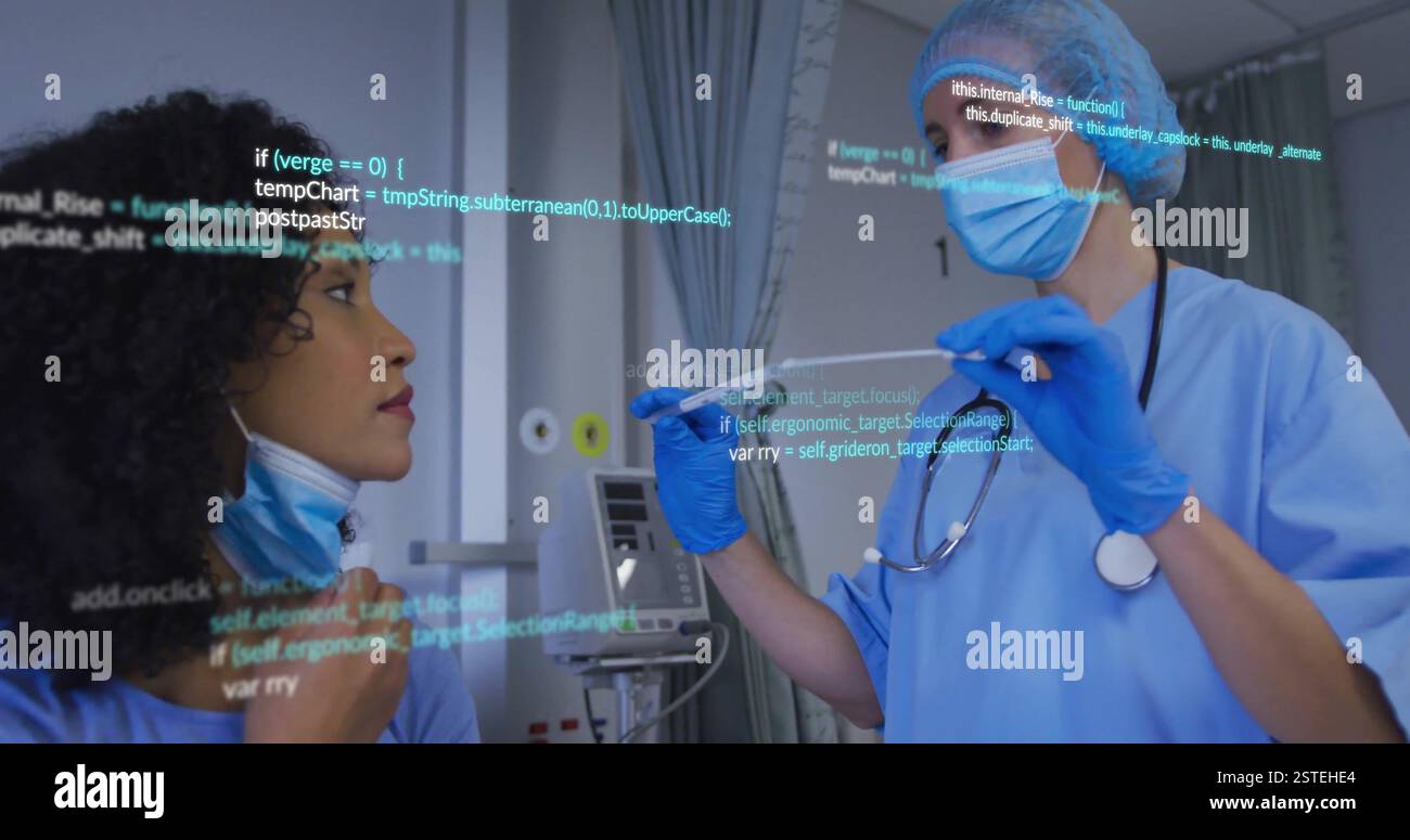 Image de traitement de données médicales sur des professionnels de santé effectuant un écouvillonnage de gorge Banque D'Images