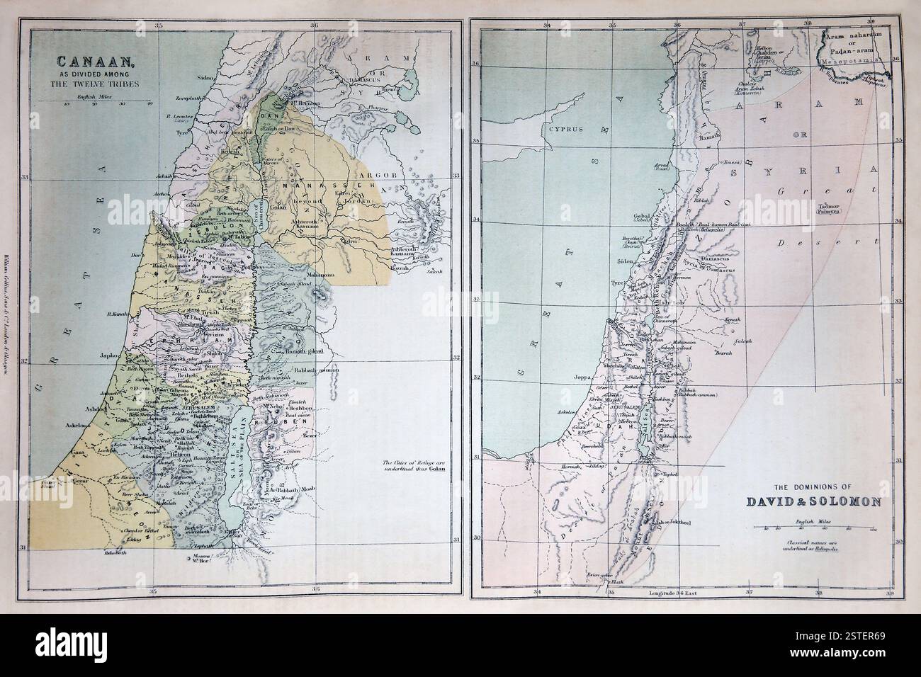 Cartes de Canaan comme divisé entre les douze tribus si Israël et une carte des dominions de David et Salomon de l'Antique 19ème siècle l'an pratique Banque D'Images