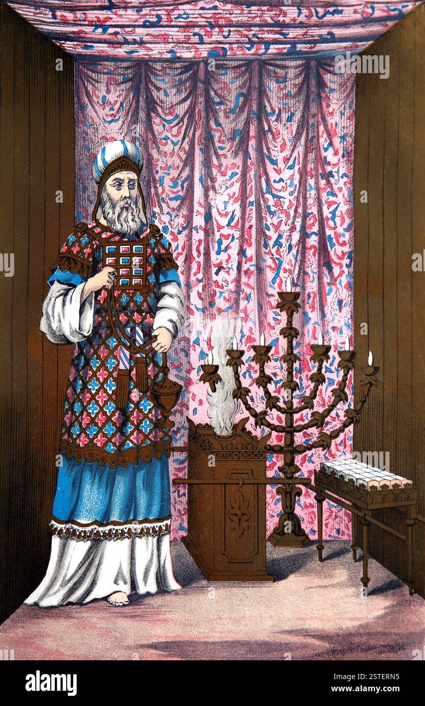 Chromo-lithographie du Grand prêtre avec son éphod et son Breastplate dans le Tabernacle montrant l'autel de l'encens, le chandelier d'or et la table Banque D'Images