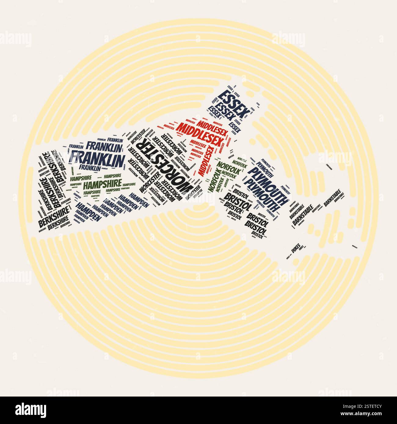 Affiche ronde du Massachusetts. Image de style typographique de State. Comtés nuages de mots du Massachusetts. Design d'image vintage avec texture de grattage. Illustration de Vecteur