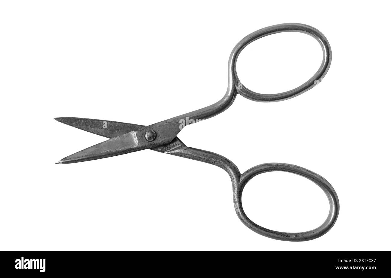 Vieux ciseaux métalliques en acier inoxydable découpe isolée sur blanc Banque D'Images