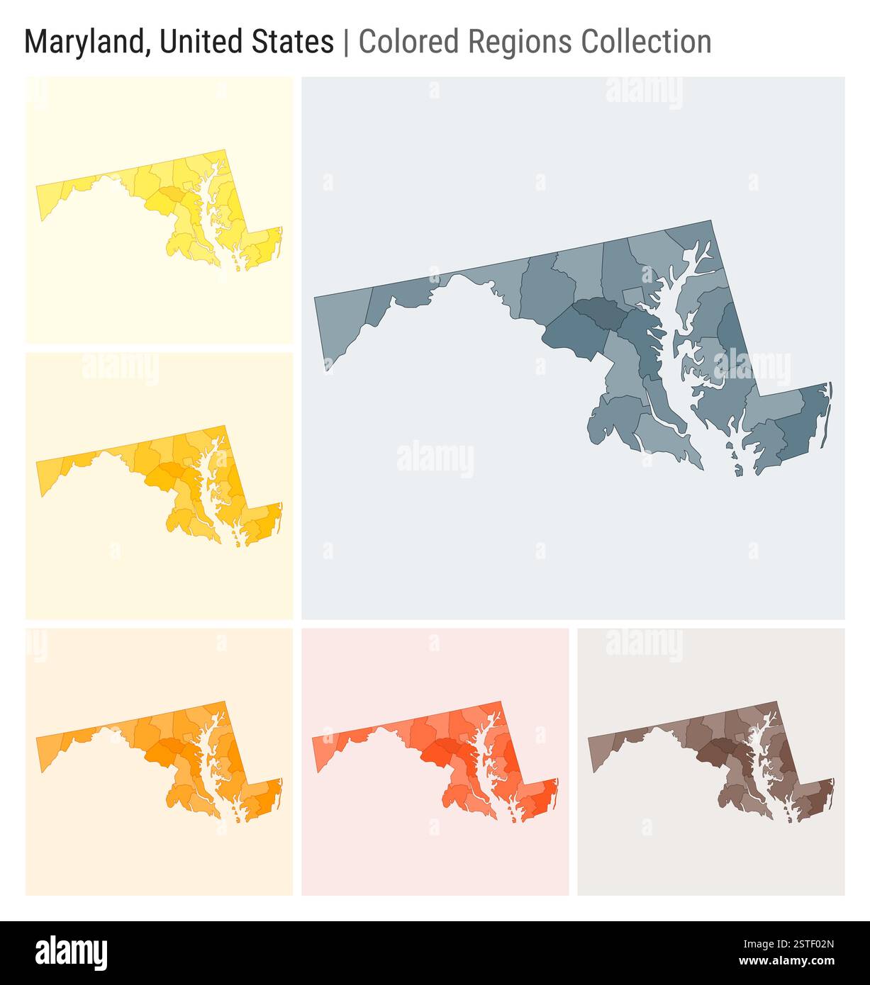 Maryland, États-Unis. Collection de cartes. Forme d'état. Comtés colorés. Bleu gris, jaune, ambre, orange, orange profond, palettes de couleurs marron. Illustration de Vecteur