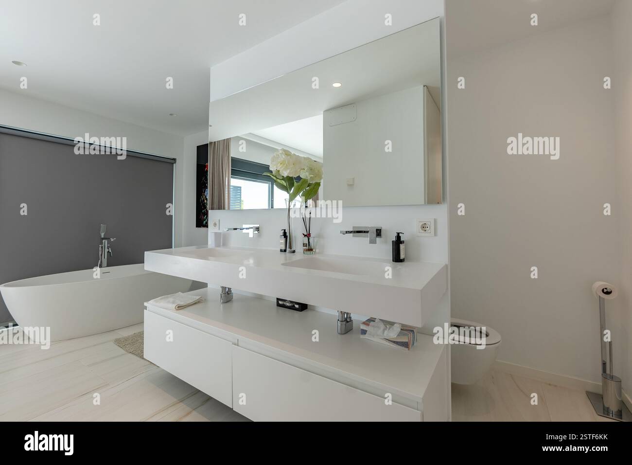 une image d'une salle de bain récemment rénovée avec baignoire sur pied dans l'immobilier méditerranéen de luxe Banque D'Images