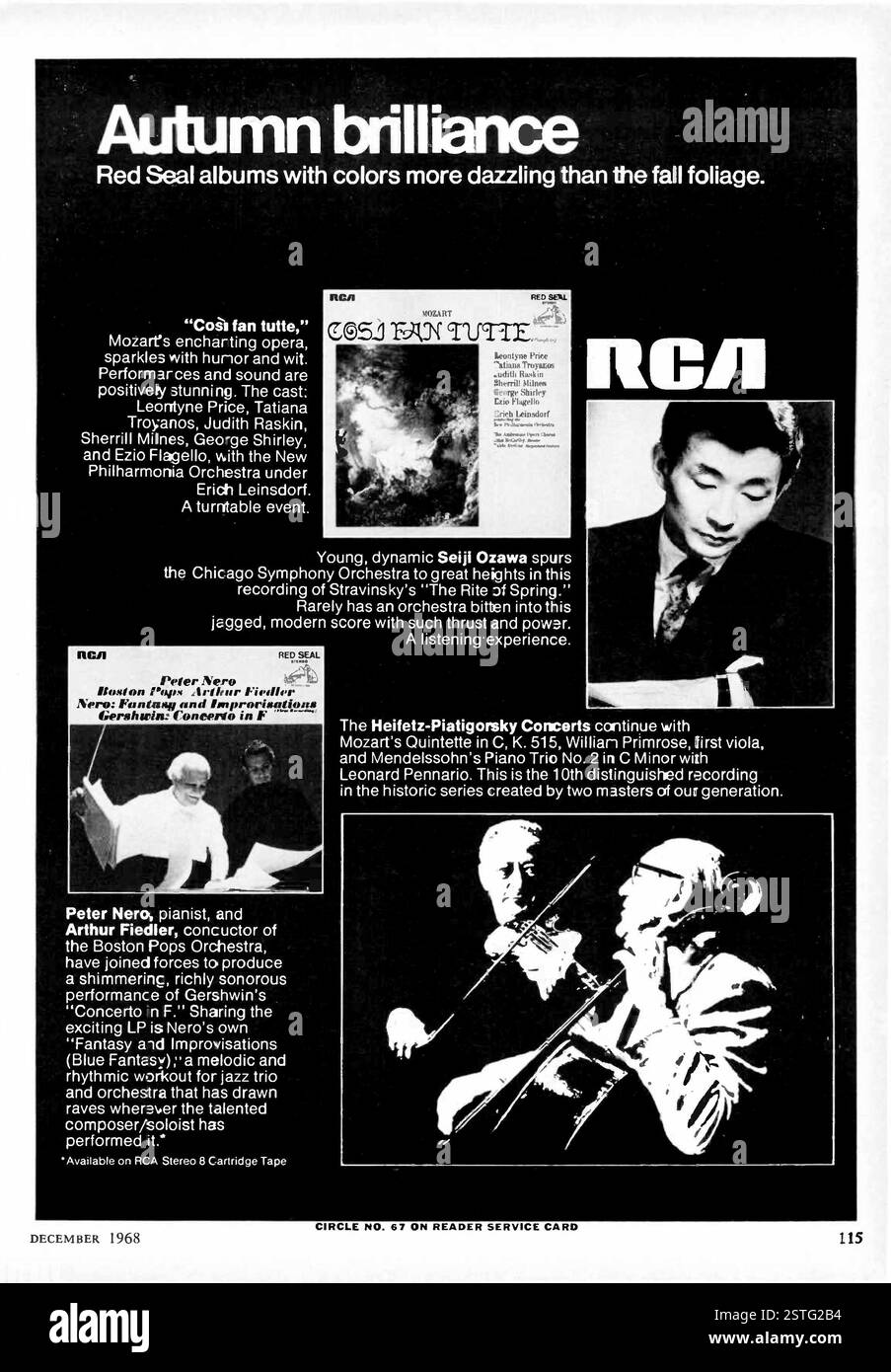 1968 US RCA Red Seal album ad - 'Autumn Brilliance' - Cosi Fan Tutte Mozart ; Seiji Ozawa Peter Nero ; Heifetz-Piatigorsky concerts - musique classique Banque D'Images