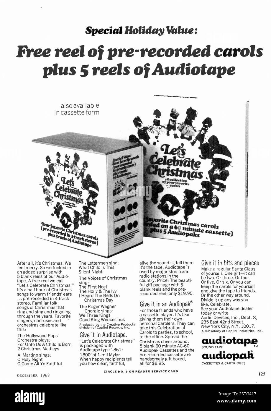 1968 US Audio Devices Inc bandes audiotape et cassettes et cartouches Audiopak cartes de Noël annonce Banque D'Images