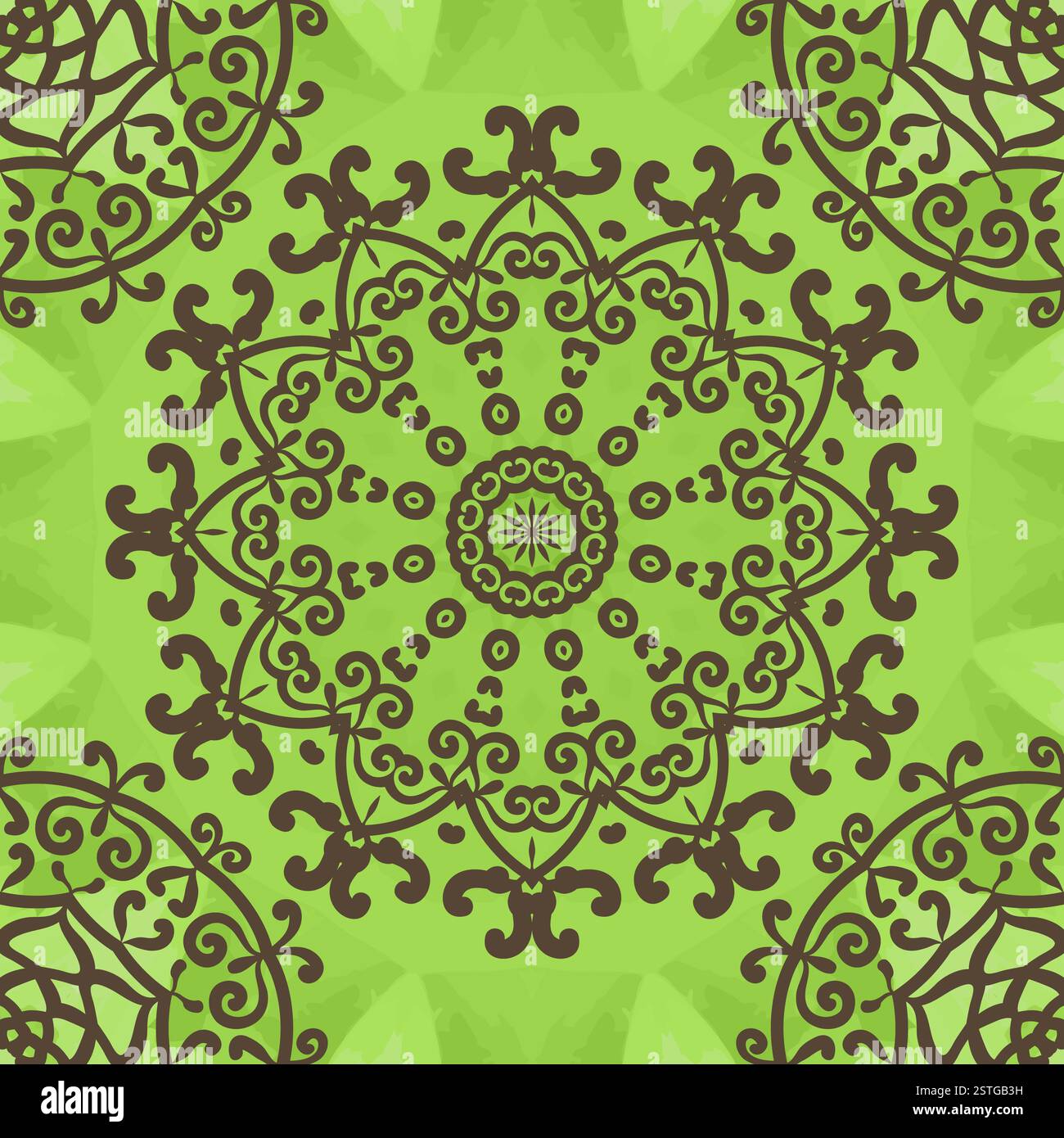 Motif floral Seamless texture sur le vert, fleur mandala dessiné à la main. Ronde d'ornement motif dentelle transparente. Banque D'Images