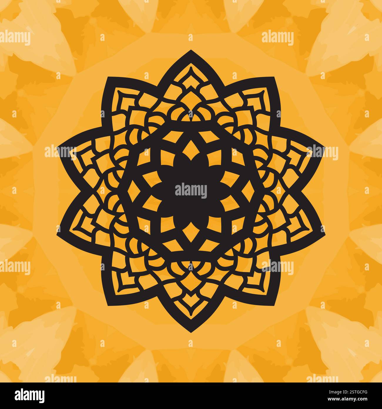 Élégant motif de type yantra sur texture jaune sans couture. Fleur de mandala dessinée à la main. Motif décoratif rond en dentelle sans couture. Abstr Banque D'Images