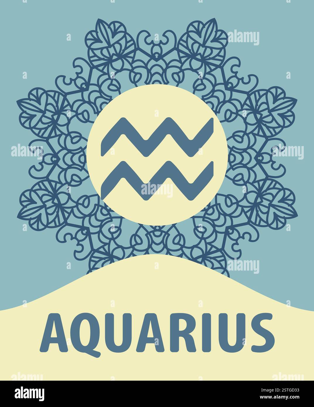 Zodiaque Aquarius dessiné à la main avec motif doodle géométrique mandala floral ethnique. Symbole Horoscope occidental. Illustration vectorielle Banque D'Images
