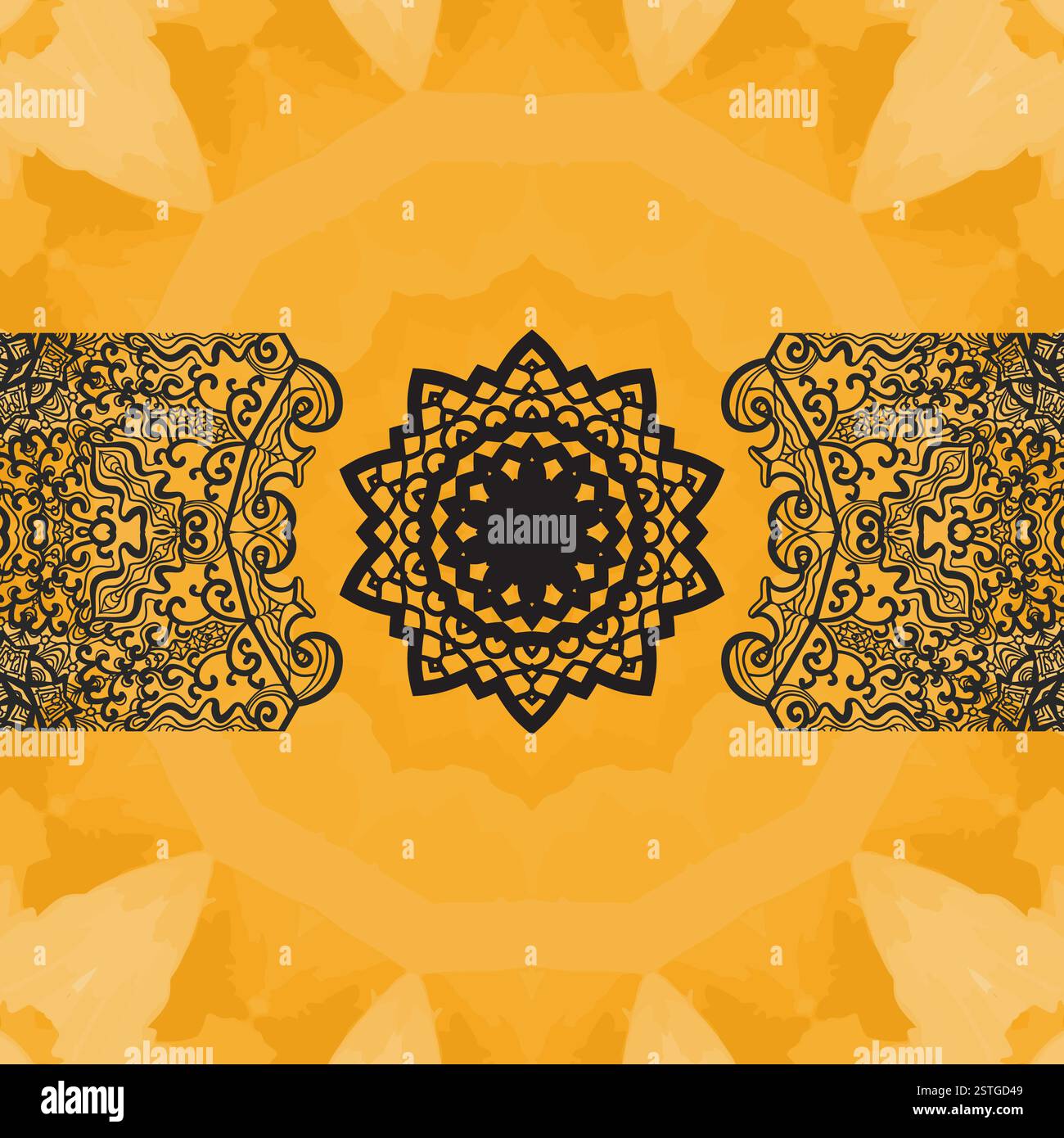 Élégant cadre oriental sur texture aquarelle sans couture. Fleur de mandala dessinée à la main dans l'espace copyspace central au-dessus et en dessous. Ornement Banque D'Images