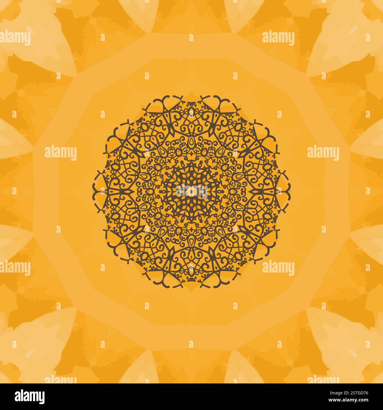 Élégant motif mandala sur texture aquarelle jaune sans couture. Motif décoratif rond en dentelle sans couture. trib vectoriel abstrait Banque D'Images